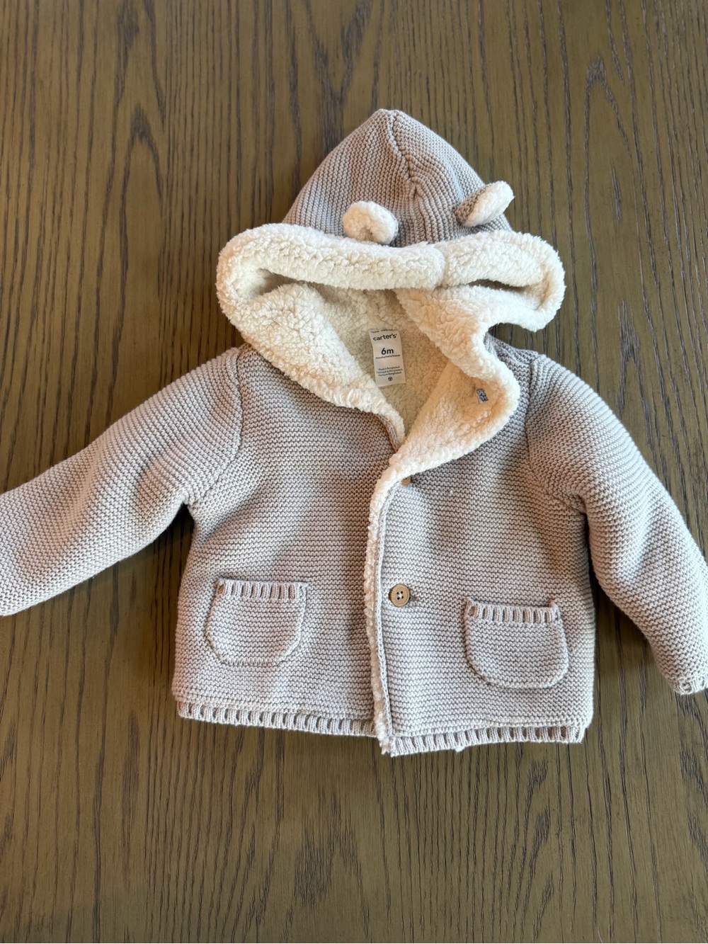 Carter's Beige Knit Hooded Baby Sweater with Sherpa Lining